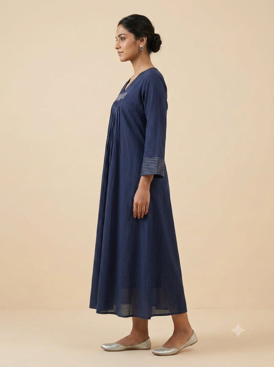 C3015 | Navy Blue Embroidered Giza Cotton Long Kurti | Premium Ethnic Wear