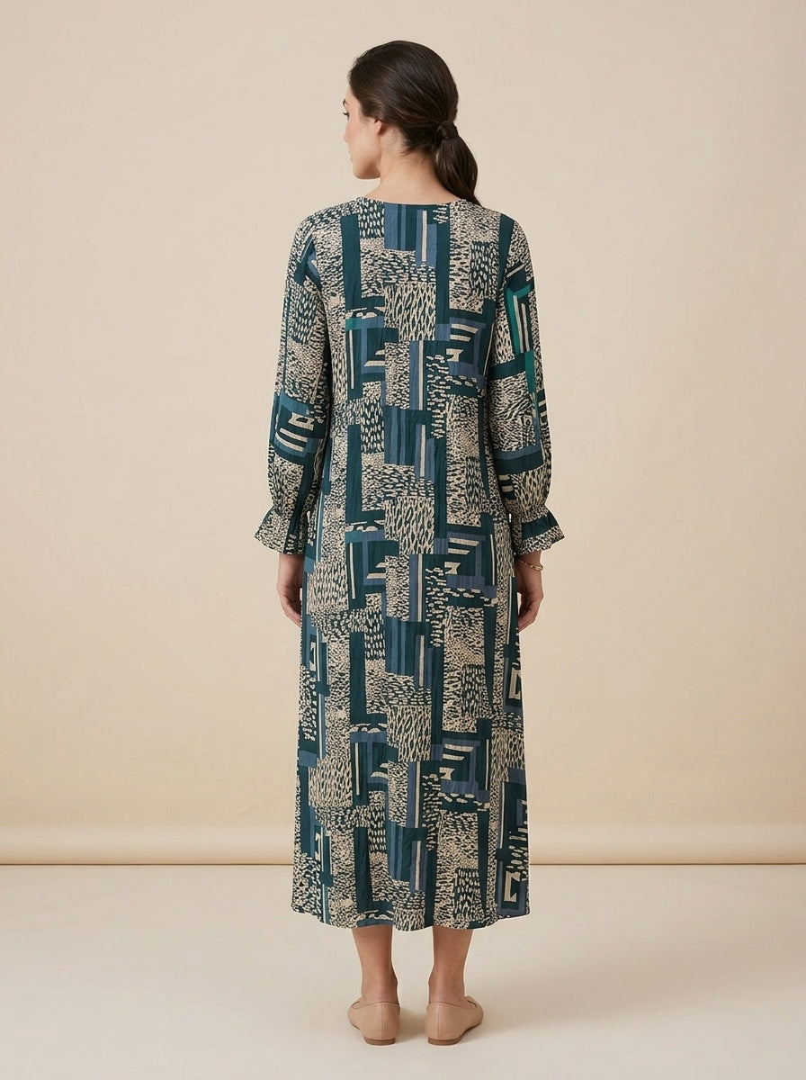 C3019 | Wrinkle Rayon Printed Long Kurti with Ruffled Sleeves