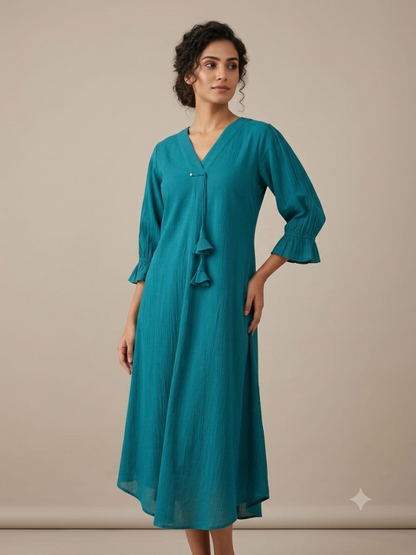 C3026 | Teal Blue Milano Fabric Long Kurti with Tassels | Premium Ethnic Wear