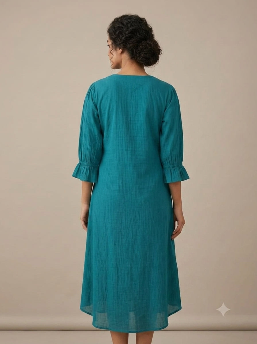 C3026 | Teal Blue Milano Fabric Long Kurti with Tassels | Premium Ethnic Wear