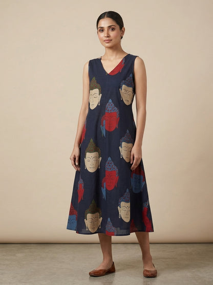 C3033 | Artistic Buddha Print Sleeveless Long Kurti