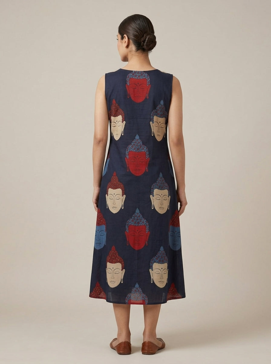 C3033 | Artistic Buddha Print Sleeveless Long Kurti