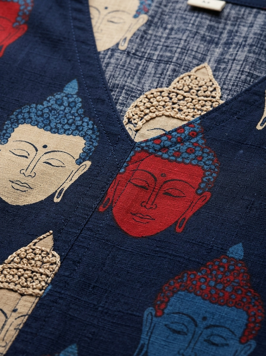 C3033 | Artistic Buddha Print Sleeveless Long Kurti