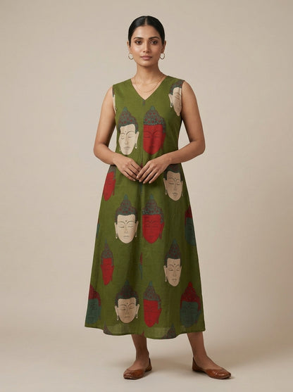 C3033 | Artistic Buddha Print Sleeveless Long Kurti