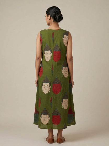 C3033 | Artistic Buddha Print Sleeveless Long Kurti