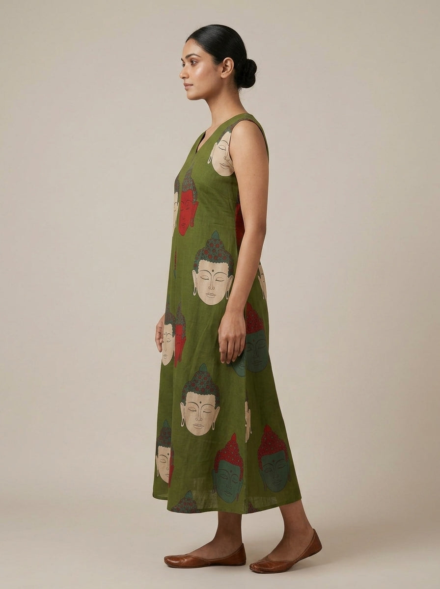 C3033 | Artistic Buddha Print Sleeveless Long Kurti