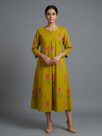 C3035 | Tulip Floral Print Cotton Long Kurti with Front Box Pleat