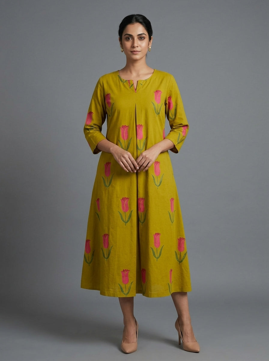 C3035 | Tulip Floral Print Cotton Long Kurti with Front Box Pleat