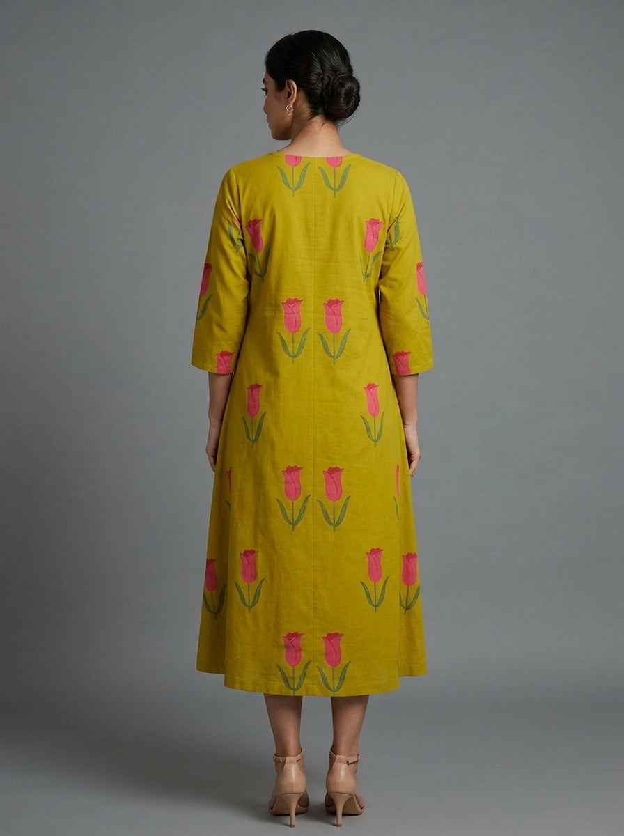 C3035 | Tulip Floral Print Cotton Long Kurti with Front Box Pleat