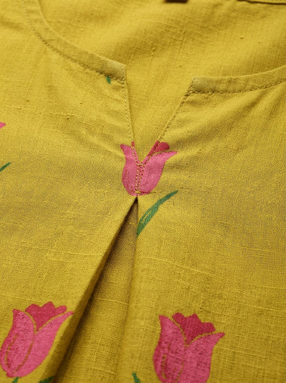 C3035 | Tulip Floral Print Cotton Long Kurti with Front Box Pleat