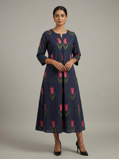 C3035 | Tulip Floral Print Cotton Long Kurti with Front Box Pleat