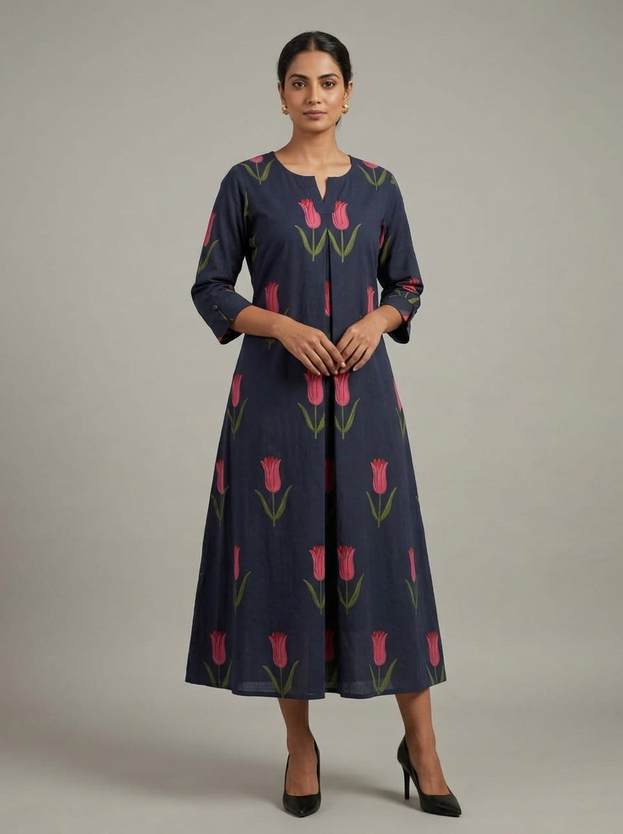 C3035 | Tulip Floral Print Cotton Long Kurti with Front Box Pleat