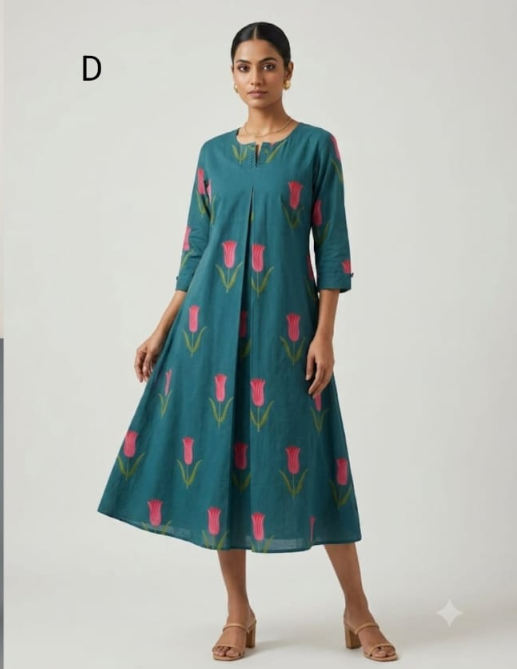C3035 | Tulip Floral Print Cotton Long Kurti with Front Box Pleat