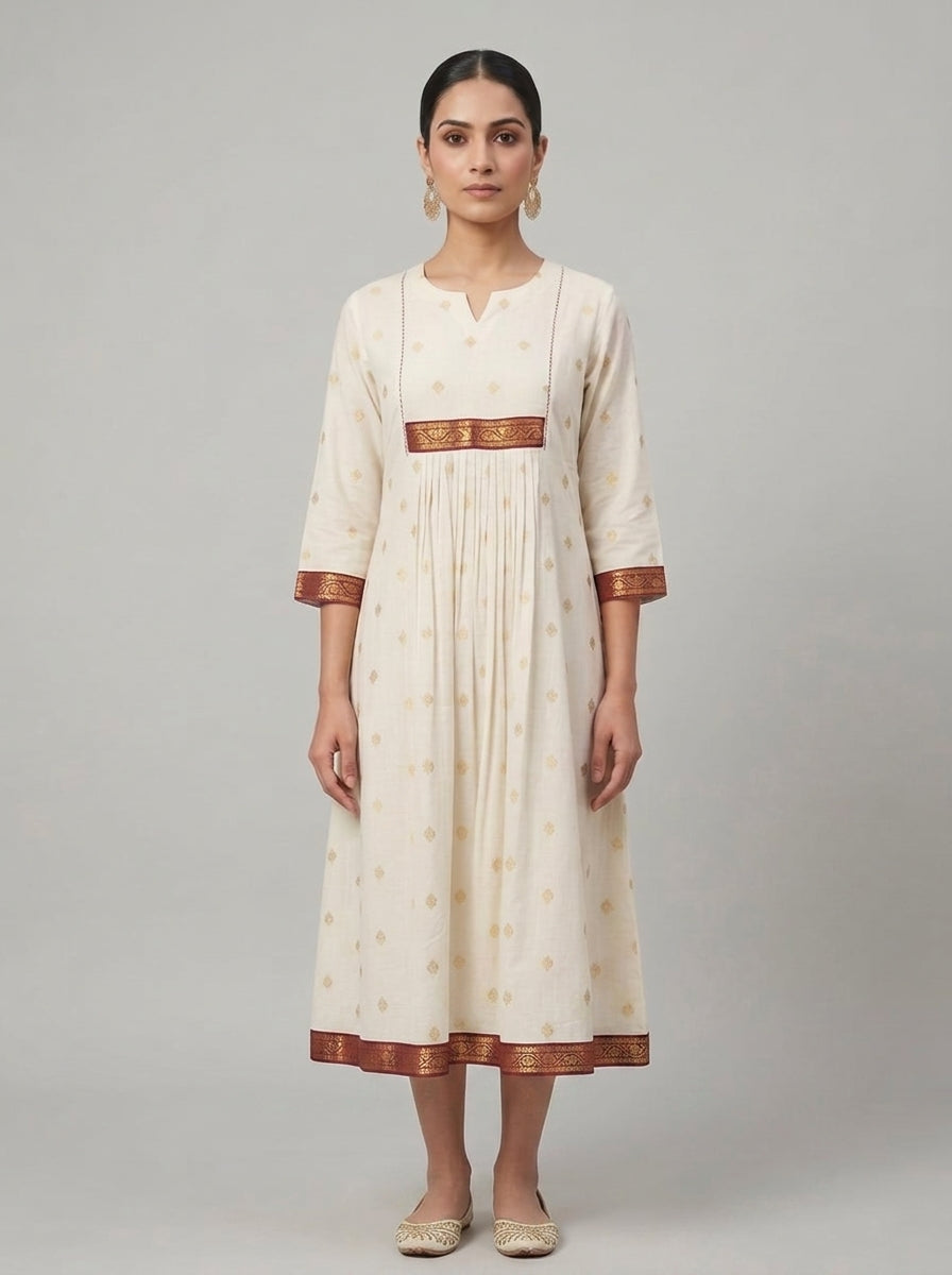 C3037 | Off-White Zari Printed Cotton Long Kurti with Maroon Yoke Border