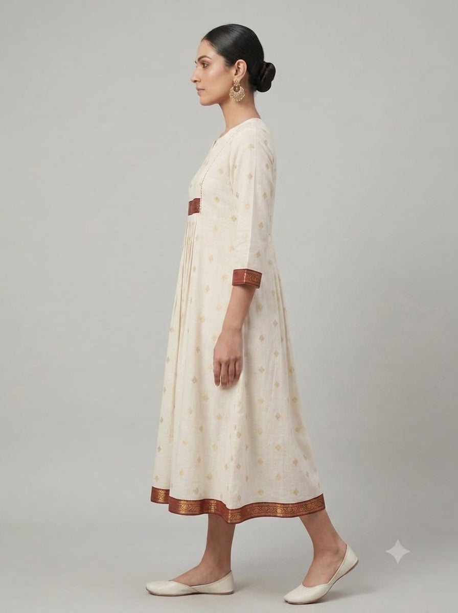 C3037 | Off-White Zari Printed Cotton Long Kurti with Maroon Yoke Border