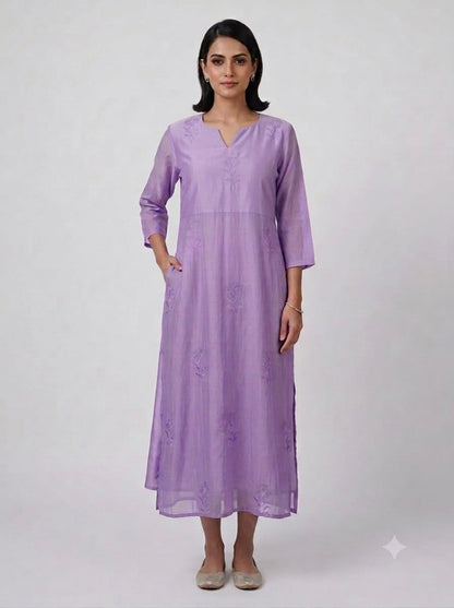 C3039 | Lavender Embroidered Chanderi Silk Kurti with Inner Lining