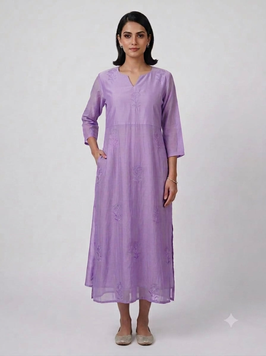 C3039 | Lavender Embroidered Chanderi Silk Kurti with Inner Lining