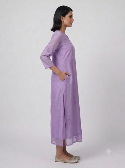 C3039 | Lavender Embroidered Chanderi Silk Kurti with Inner Lining
