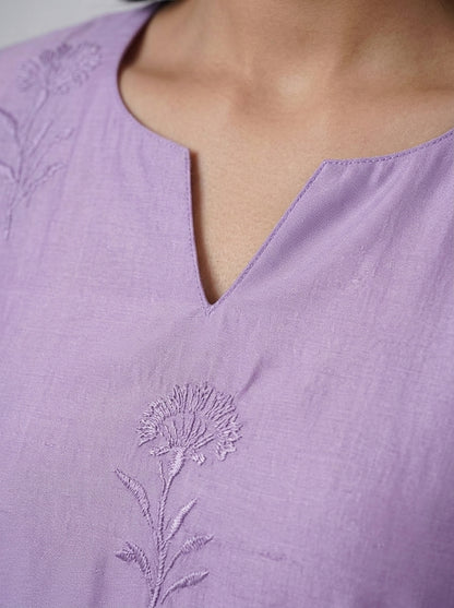C3039 | Lavender Embroidered Chanderi Silk Kurti with Inner Lining