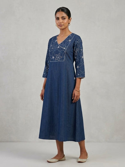 C3040 | Indigo Blue Embroidered Angrakha Cotton Long Kurti
