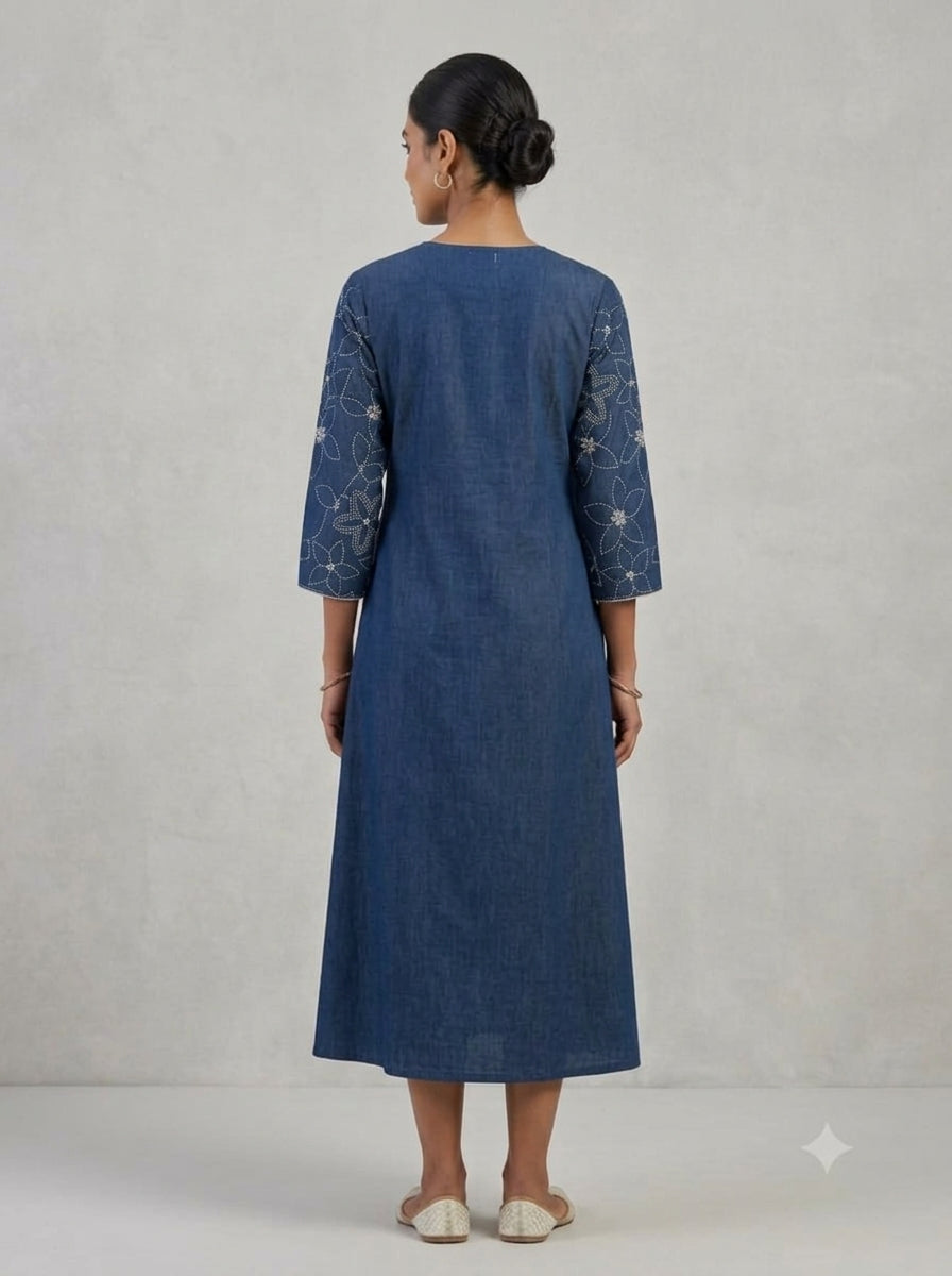 C3040 | Indigo Blue Embroidered Angrakha Cotton Long Kurti