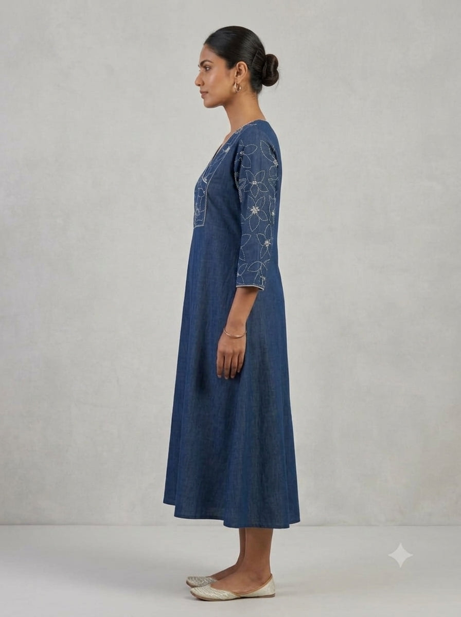 C3040 | Indigo Blue Embroidered Angrakha Cotton Long Kurti
