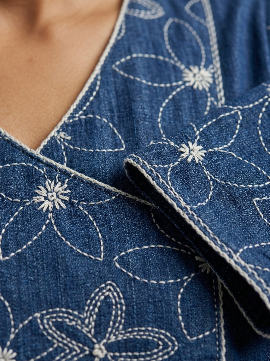 C3040 | Indigo Blue Embroidered Angrakha Cotton Long Kurti