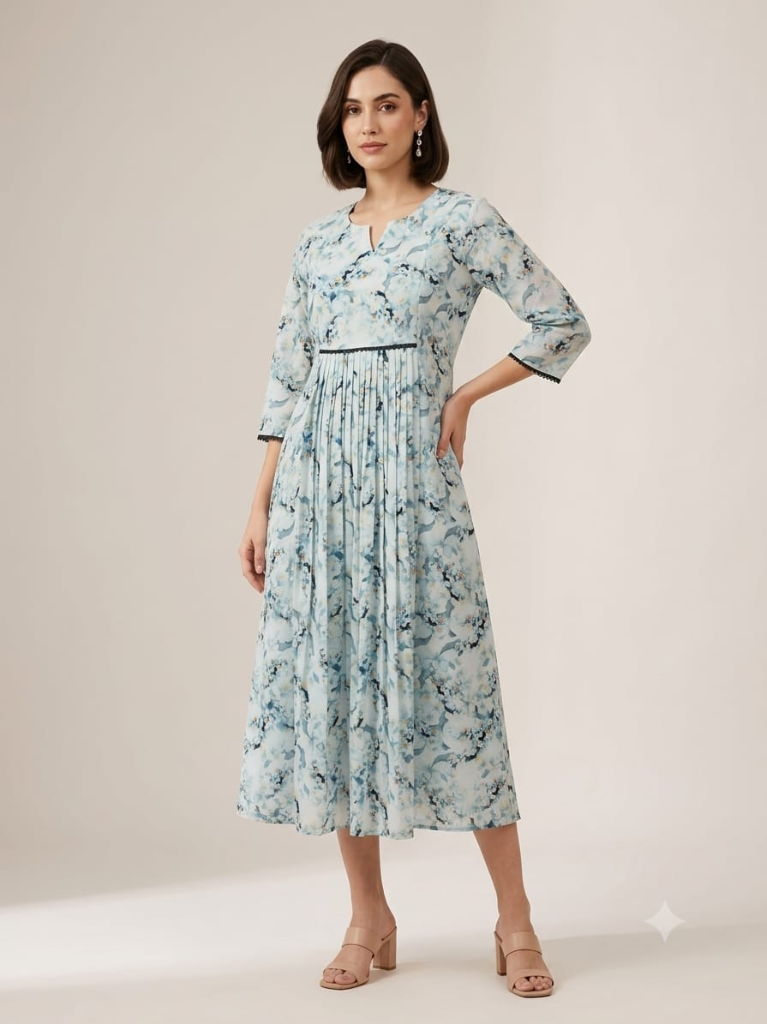 C4003 | Sky Blue Floral Cotton Linen Slub Feeding Kurti | Maternity Wear