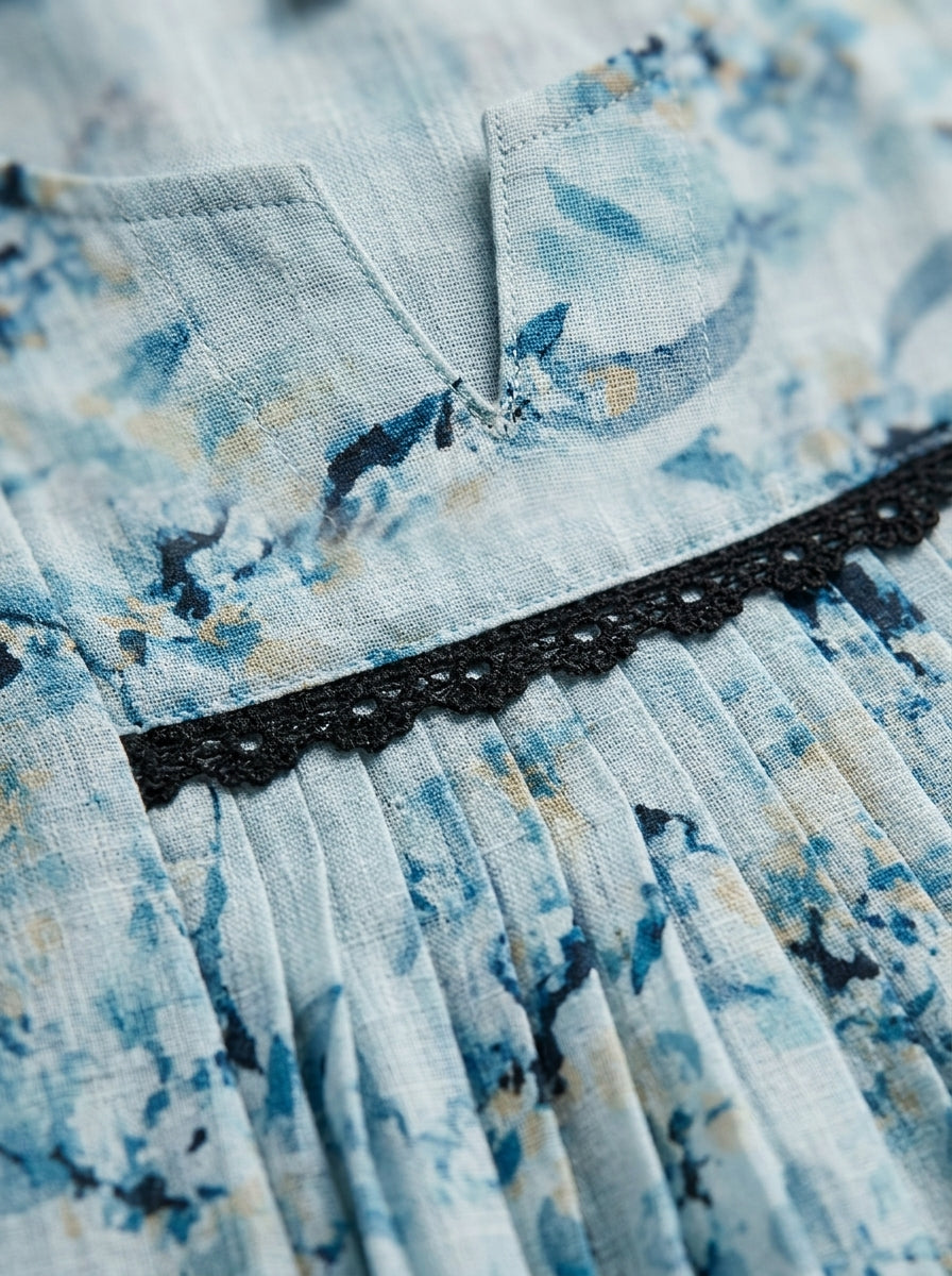 C4003 | Sky Blue Floral Cotton Linen Slub Feeding Kurti | Maternity Wear