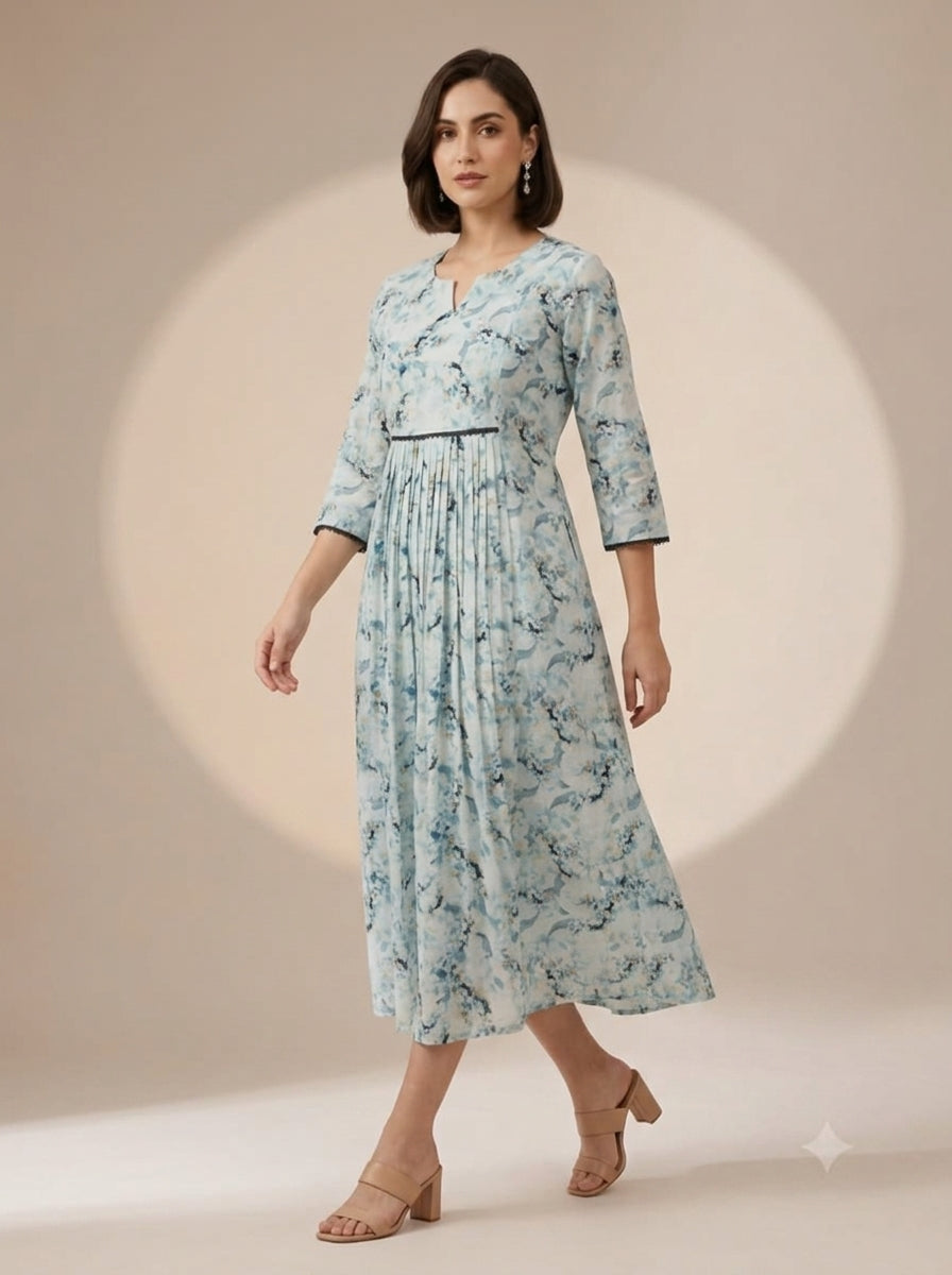 C4003 | Sky Blue Floral Cotton Linen Slub Feeding Kurti | Maternity Wear