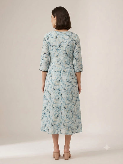C4003 | Sky Blue Floral Cotton Linen Slub Feeding Kurti | Maternity Wear
