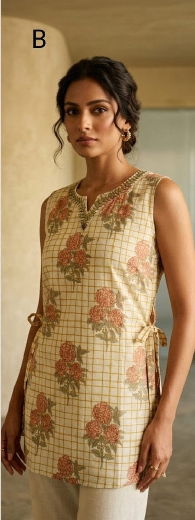 C5007 | Sleeveless Floral Grid Check Cotton Hip Top with Inner Lining & Side Tie-Up