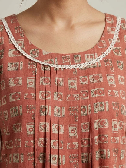 C8002 | Terracotta Block Printed Cambric Cotton Sleeveless Frock Dress | Dress