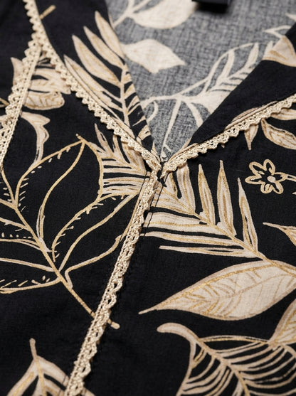 C3016 | Black & Gold Tropical Leaf Printed Rayon Co-Ord Set | Co-Ord Set