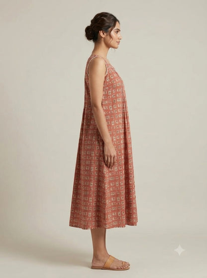 C8002 | Terracotta Block Printed Cambric Cotton Sleeveless Frock Dress | Dress