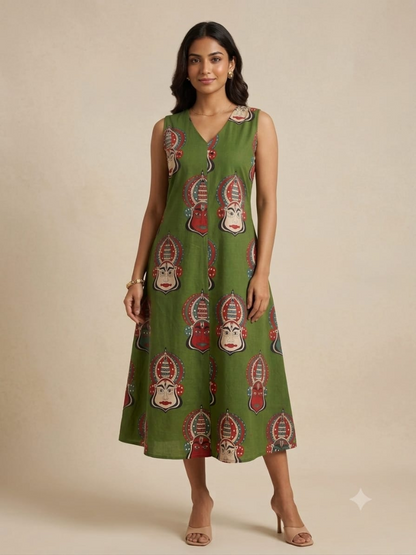 C3032 | Green Kathakali Print Sleeveless Slub Cotton Kurti