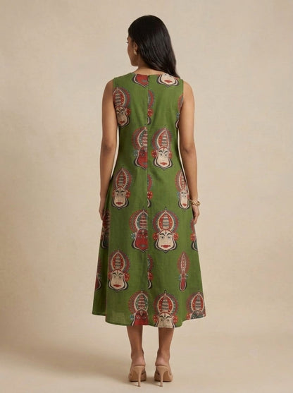 C3032 | Green Kathakali Print Sleeveless Slub Cotton Kurti
