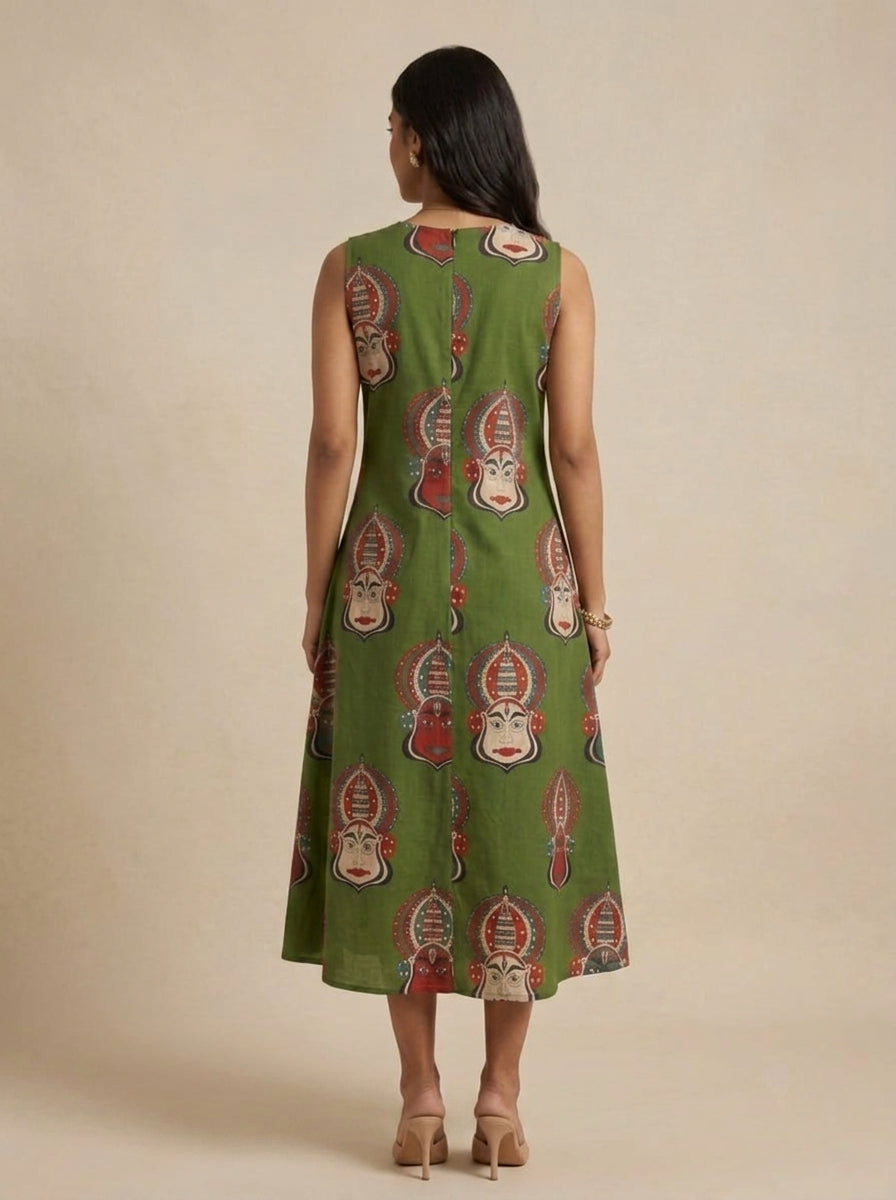 C3032 | Green Kathakali Print Sleeveless Slub Cotton Kurti