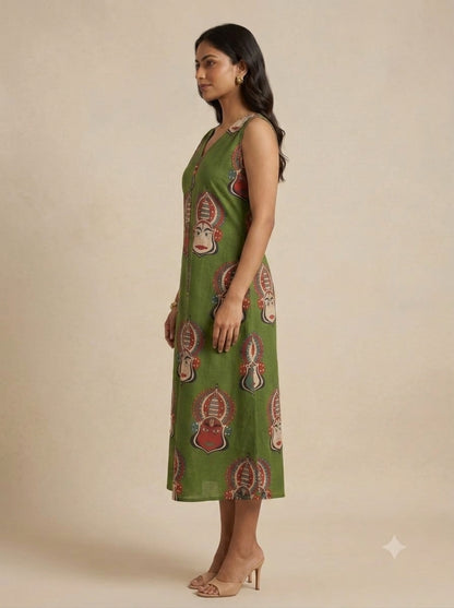 C3032 | Green Kathakali Print Sleeveless Slub Cotton Kurti