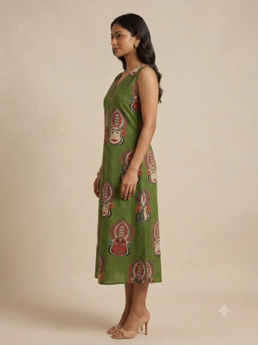 C3032 | Green Kathakali Print Sleeveless Slub Cotton Kurti