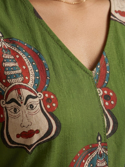 C3032 | Green Kathakali Print Sleeveless Slub Cotton Kurti