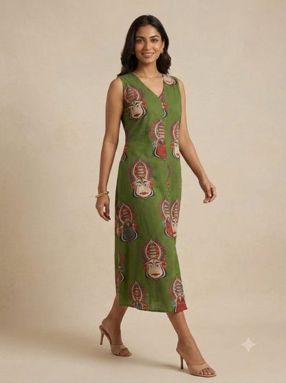 C3032 | Green Kathakali Print Sleeveless Slub Cotton Kurti