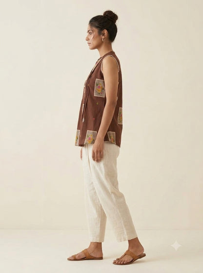 C5005 | Chocolate Brown Block Printed Cambric Cotton Sleeveless Hip Top | Top